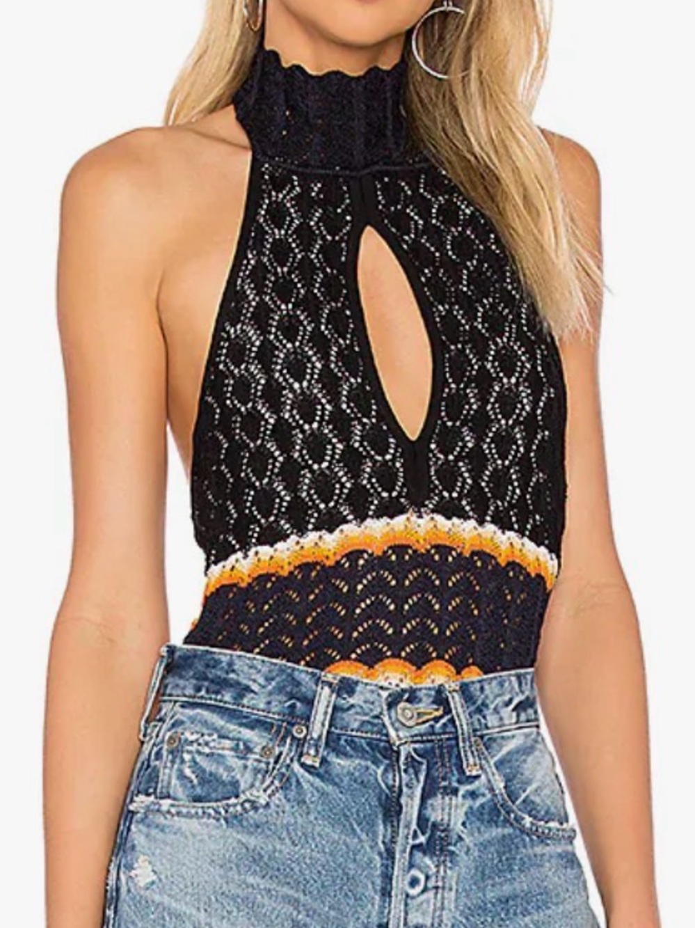 Ronny Kobo Collection Black Crochet Halter Bodysuit with Orange Trim